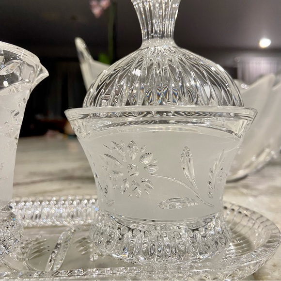 Cut Crystal Creamer and Sugar Set W Tray Lausitzer German Floral Pattern - Picture 4 of 10